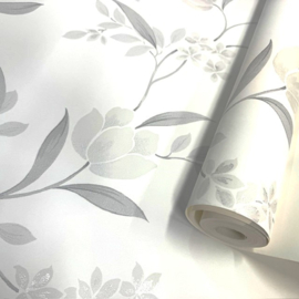 Glitter bloemen behang zilver wit grijs trendy