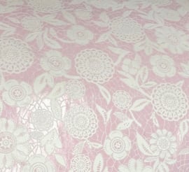 Kant vlies behang geborduurde look roze wit bloemen