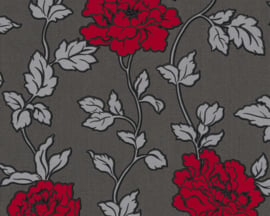Rood zwart grijs bloemen behang 36695-7