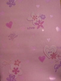 meisjes  behang roze hartjes en love text met glitter 544008