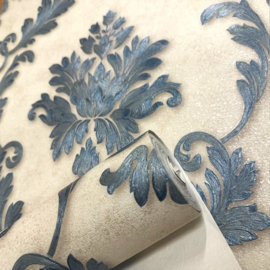 Blauw-wit 3D barok behang textiel look