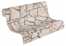 3d steen  behang A.S. Création Wood'n Stone Beige, Bruin, Grijs