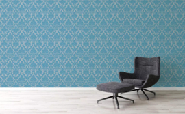 Little Green Tulip poeder Blauw vliesbehang Barok Damask 360954