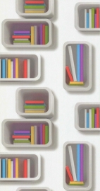 Noordwand Les Aventures 51135302 gekleurde boekenkast behang