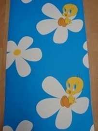 kinder behang blauw wit geel twitty en bloemen 133