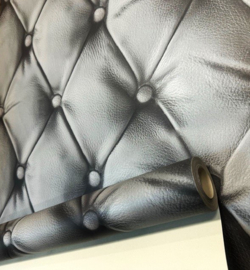 Gecapitonneerd behang 3D effect Chesterfielf behang grijs zwart knoppen