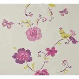 bloemen behang met vogel en vlinders wit , roze , paars , geel