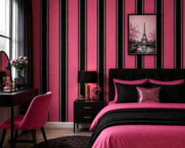 Atlanta Behang Roze Zwart Strepen – Vinyl Glitter Behang  – 95704-2