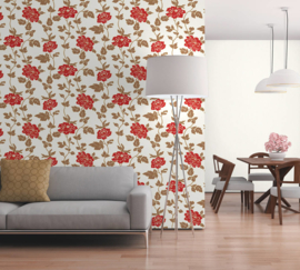 Bloemen behang rood goud glitter 36695-3