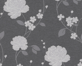Bloemen behang glitter grijs zwart 36701-2