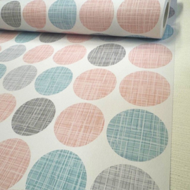 Retro Cirkels Behang in Pastel Kleuren: Roze, Blauw en Wit 305012