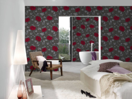 Rood zwart grijs bloemen behang 36695-7