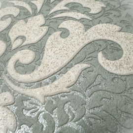 Glitter behang bladeren Ornamenten groen wit metallic kant geborduud PL51005-71