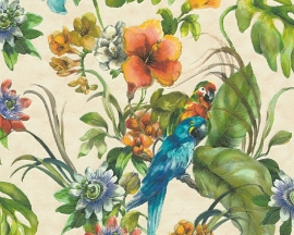 papegaai vogel bloemen bomen tropisch behang