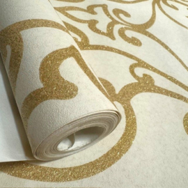 Glitter behang goud beige klassieke ornamenten