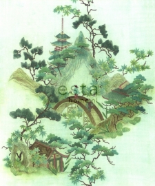 158114 photowallXL chinoiserie groen bomen chinees brug hut behang