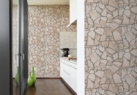 3d steen  behang A.S. Création Wood'n Stone Beige, Bruin, Grijs