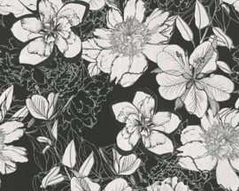Zwartwit bloemen behang 32798-4