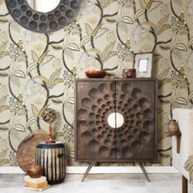 Beige behang met gouden en zilveren bladeren 21127 Culto