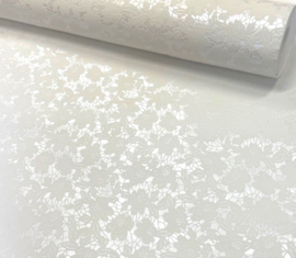 Witte Kant Pracht: Behang Geborduurd Design en Glanzende Textuur 45572