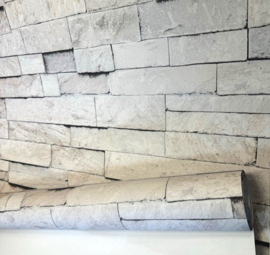 3D steen behang grijs zandkleur taupe beige landelijk