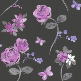 zwart paars bloemen behang 214