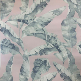 Roze Behang met Groene Palmbladeren L84403 | Tropisch Vliesbehang