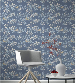 blauw bloemen behang vogel 206029