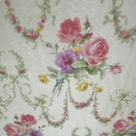 bloemen behang roosjes paars geel satijn