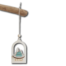 Kerstbal van hout met naam boog 3D kerstbomen en VW busje
