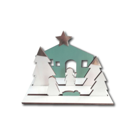 Kerststal hout mini 3D kleurdedetails met voet