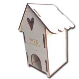 Huisje hout voor theezakjes met tekst naar keuze