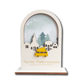Kerstkaart van hout - Boog Winterdorp VW Busje | Prijs vanaf: