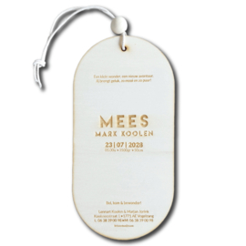 Geboortekaartje hout ovaal hanger met gestreepte letter in kleur jongen