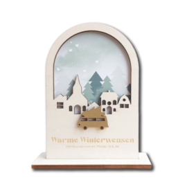 Kerstkaart van hout - Boog Winterdorp VW Busje | Prijs vanaf: