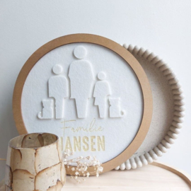Familieportret 3D hout en vilt met lijst rond