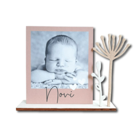 Geboortekaartje witpapier polaroid foto en vilten droogbloemen met voet meisje