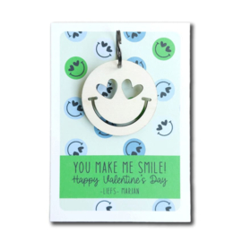 Sleutelhanger hout met kaart smiley valentijn blauw|groen