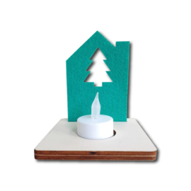 Waxinelichthouder hout met vilten huisje kerstboom