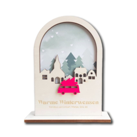 Kerstkaart van hout - Boog Winterdorp VW Busje | Prijs vanaf: