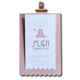 Geboortekaartje van hout - Klembordje Schulprand Beer Meisje | Prijs vanaf: