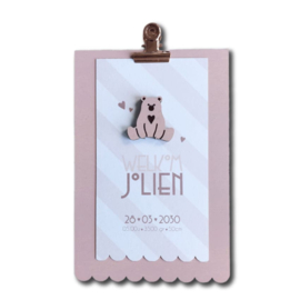 Geboortekaartje van hout - Klembordje Schulprand Beer Meisje | Prijs vanaf: