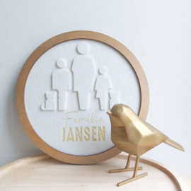 Familieportret 3D hout en vilt met lijst rond