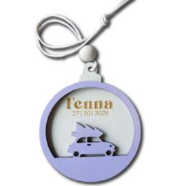 Kerstbal van hout met naam Fiat 500 autootje