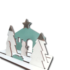 Kerststal hout mini 3D kleurdedetails met voet