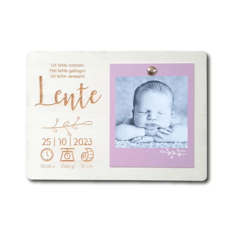 Geboortekaartje hout met foto meisje