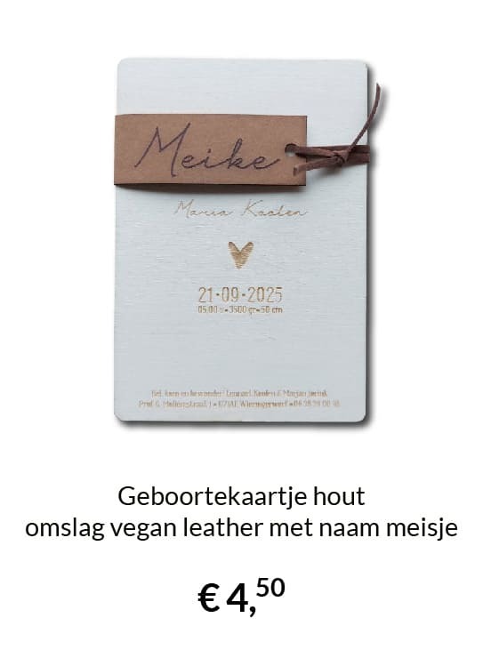 Geboortekaartje hout omslag vegan leather met naam meisje