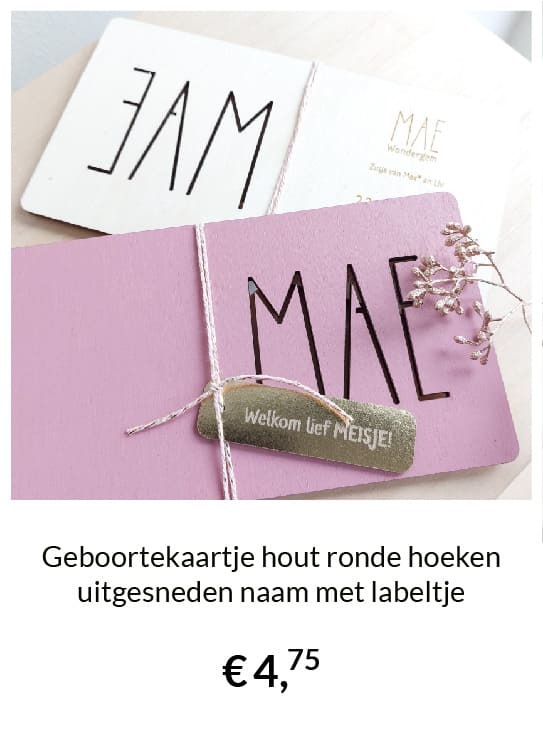 Geboortekaartje hout uitgesneden naam labeltje vegan leather