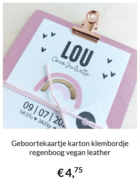 Geboortekaartje karton klembordje regenboog vegan leather