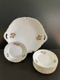 Rosenthal porselein: Classic Rose gebaksset wit grote schaal doorsnede 30 cm met 10 bordjes doorsnede 16 cm